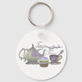 Tea Time! Lilac Teapot, Teacup and Cupcake Art Key Ring