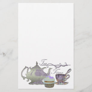 Tea Time! Lilac Teapot, Teacup and Cupcake Art Stationery