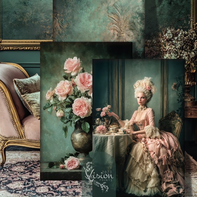 Tea Time Mary Antoinette Heavy Weight Decoupage  Wrapping Paper Sheet (Tea Time Mary Antoinette Portrait Art Vintage Still Life Emerald Green Patina Heavy Weight Decoupage)