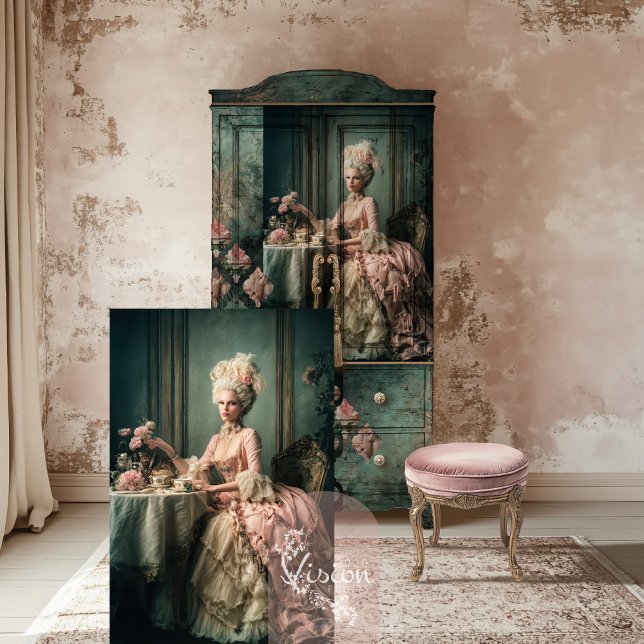 Tea Time Mary Antoinette Portrait Lady Sitting Tissue Paper (Tea Time, Mary Antoinette, French Lady Sitting, Baroque Era, Blush pink & Emerald Green Decoupage)