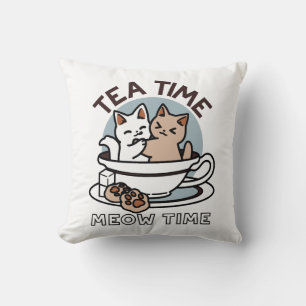 Tea Time Meow Time - Cute Cat and Tea Design Cushion