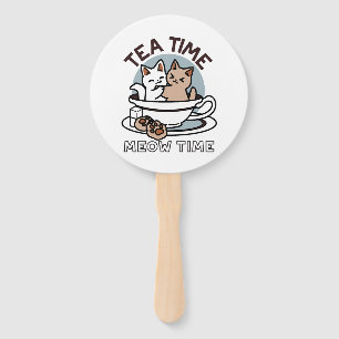 Tea Time Meow Time - Cute Cat and Tea Design Hand Fan