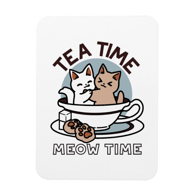 Tea Time Meow Time - Cute Cat and Tea Design Magnet (Vertical)