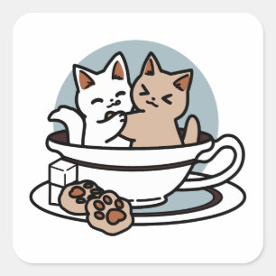 Tea Time Meow Time - Cute Cat and Tea Design Square Sticker