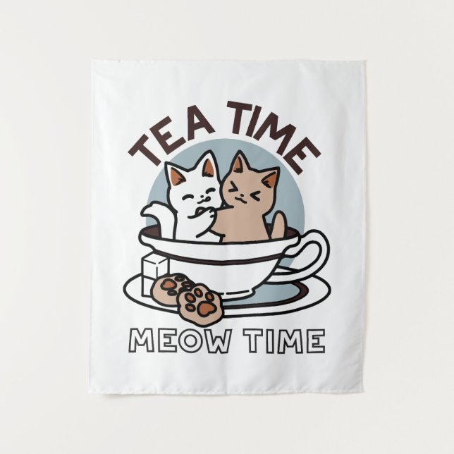 Tea Time Meow Time - Cute Cat and Tea Design Tapestry (Front)