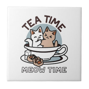 Tea Time Meow Time - Cute Cat and Tea Design Tile