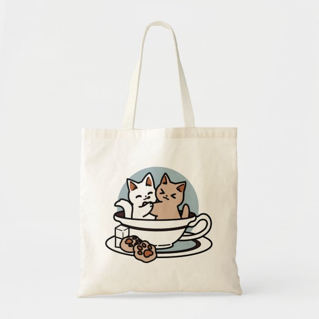 Tea Time Meow Time - Cute Cat and Tea Design Tote Bag (Front)
