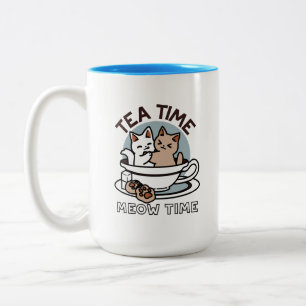 Tea Time Meow Time - Cute Cat and Tea Design Two-Tone Coffee Mug