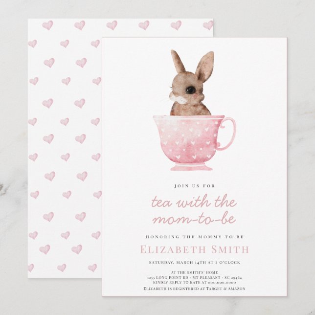 Tea Time Party Cute Bunny Pink Girl Baby Shower Invitation (Front/Back)