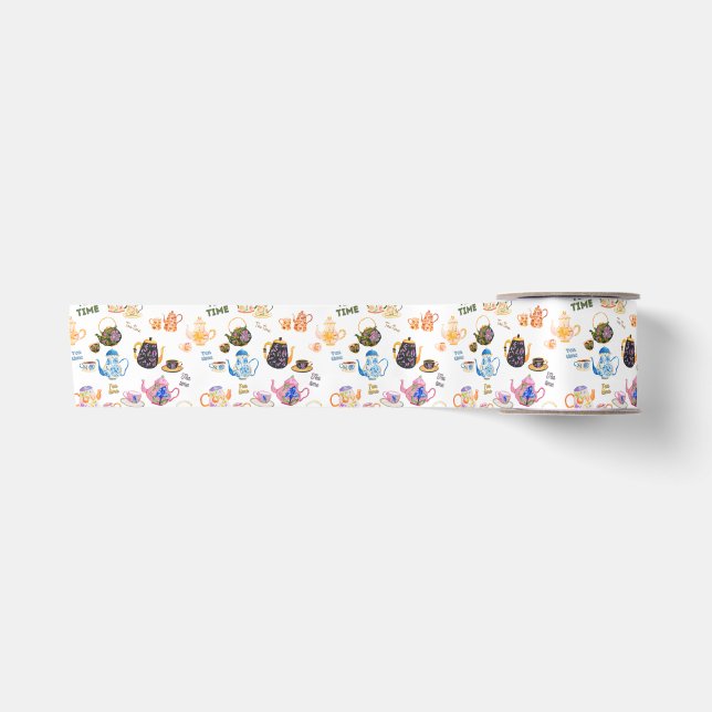 tea time pattern - tea cups and tea pot in satin ribbon (Front)