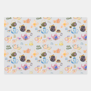 tea time pattern - tea cups and tea pot in wrapping paper sheet