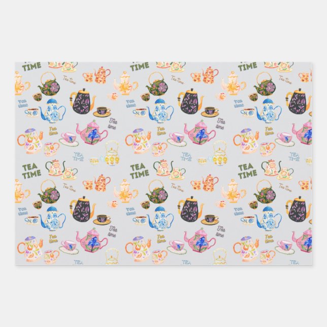 tea time pattern - tea cups and tea pot in wrapping paper sheet (Front)