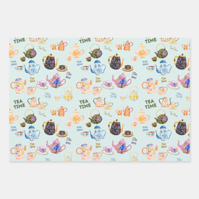 tea time pattern - tea cups and tea pot in wrapping paper sheet (Front)