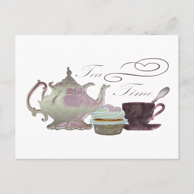 Tea Time Pink Cupcake Hearts Art Postcard (Front)