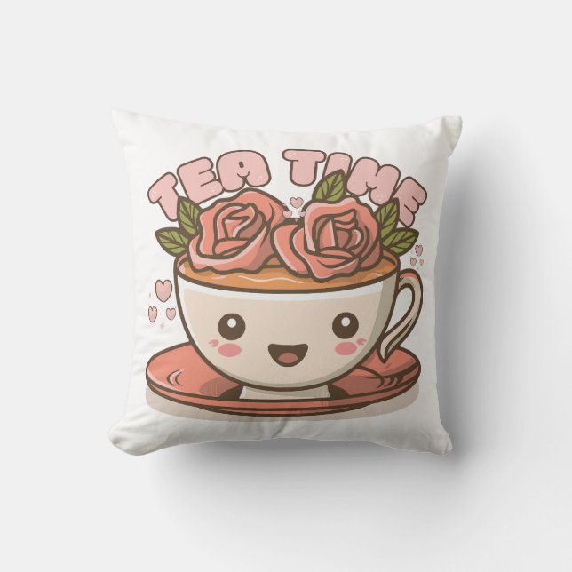 Tea Time Rose Tea Kawaii Cushion (Front)