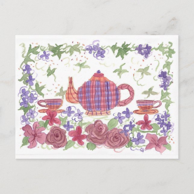 Tea Time Teapot and Flowers Postcard (Front)