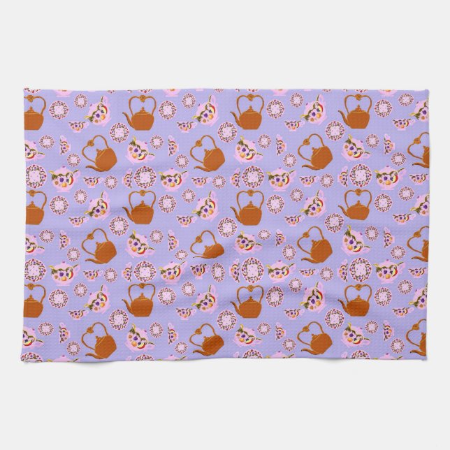 Tea time! Teapots Teacups Plate & Copper Teakettle Towel (Horizontal)