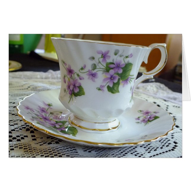 Tea Time - Vintage Violets Tea Cup Card (Front Horizontal)