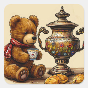Tea time with bear square sticker