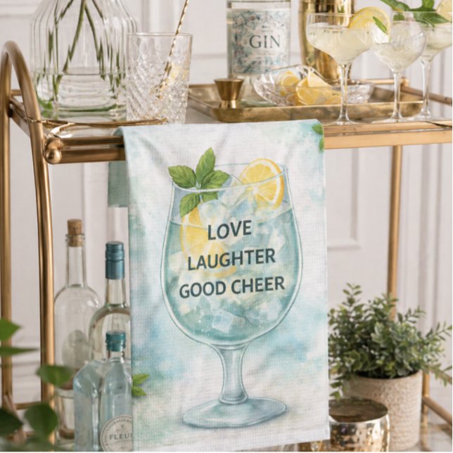 Tea Towel | Gin & Tonic Lemon Mint Kitchen Gift (Fresh gin & tonic tea towel for stylish entertaining—perfect gift and bar cart decor for summer)