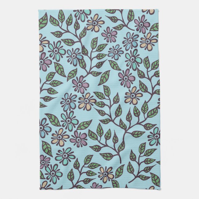 Tea Towel Light BlueFloral with Multicolor Pastel (Vertical)