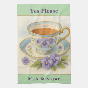Tea Towel   Vintage Teacup & Pansies Kitchen Decor
