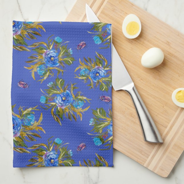 Tea Towel With Hand-Painted ink Florals (Quarter Fold)