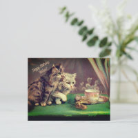 Tea Vintage Cats Birthday Wishes|  POSTCARD