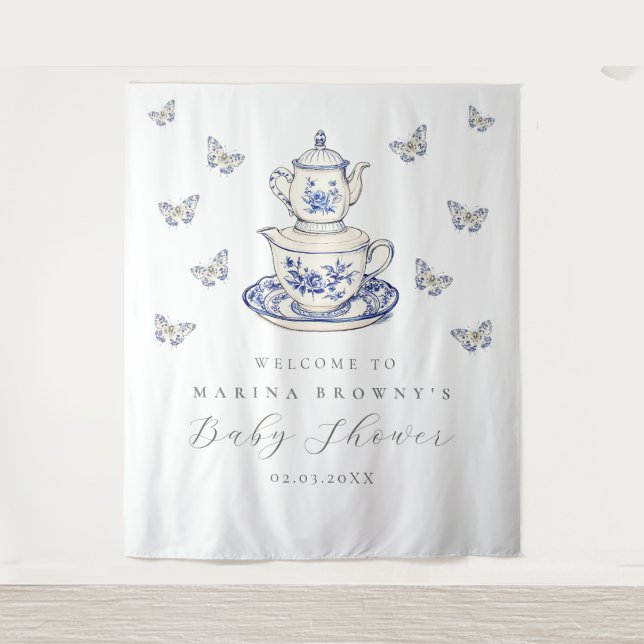 Tea with The Mum Baby Shower Photo Backdrop Sign Tapestry (Front)