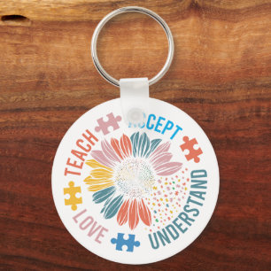 "Teach Accept Love Understand" Puzzle Piece Flower Key Ring