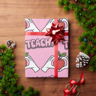 TEACH" Apple & Heart Hands Christmas Gift Wrapping Paper