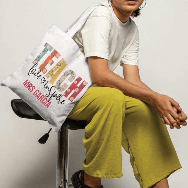 Teach Love Inspire Teacher Day Appreciation Gift Tote Bag (Teach Love Inspire Inspirational Teacher Appreciation Gift with Custom Text: Name, Class, Year)