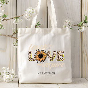 Teach Love Inspire Teacher Sunflower Modern Name Tote Bag