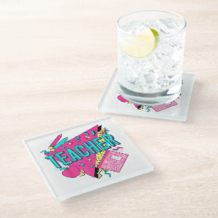 Teacher 90s Retro Colourful Teacher Back To School Glass Coaster