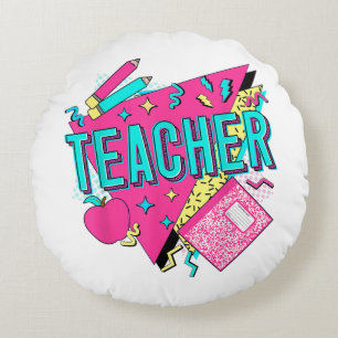 Teacher 90s Retro Colourful Teacher Back To School Round Cushion