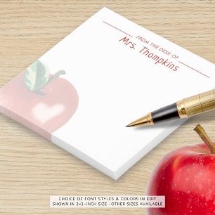 Teacher Apple Heart Red Name Watercolor Post-it Notes