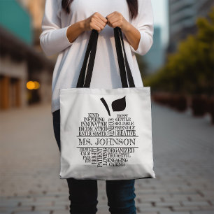 Teacher Apple Typography Black and White Tote Bag