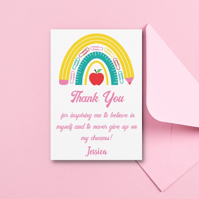  teacher appreciation colourful rainbow pink scrip thank you card (Creator Uploaded)