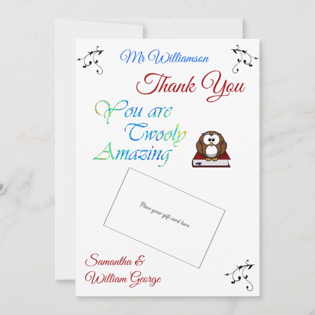 Teacher Appreciation Owl Thanks Gift Card Holder (Front)