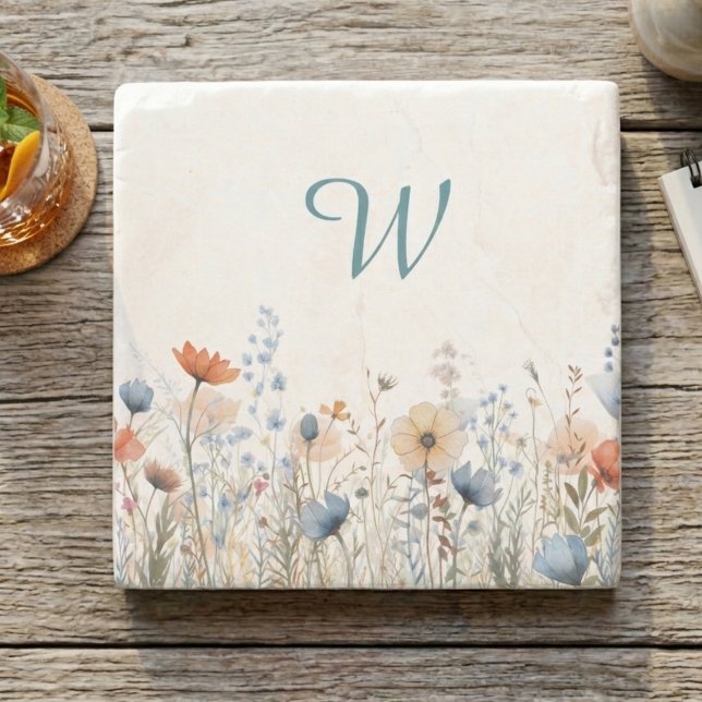 Teacher Appreciation Wildflower Botanical Meadow Stone Coaster (Cottagecore wildflower meadow for a teacher — a perfect thank you gift idea for her)