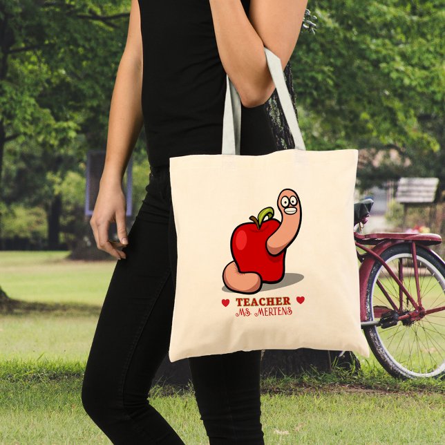 Teacher Appreciation Worm in Apple Add Name Budget Tote Bag (Teacher Appreciation Worm in Apple Add Budget Tote Bag)