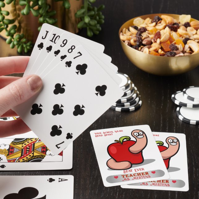 Teacher Appreciation Worm in Apple Add Name Playing Cards (In Situ)
