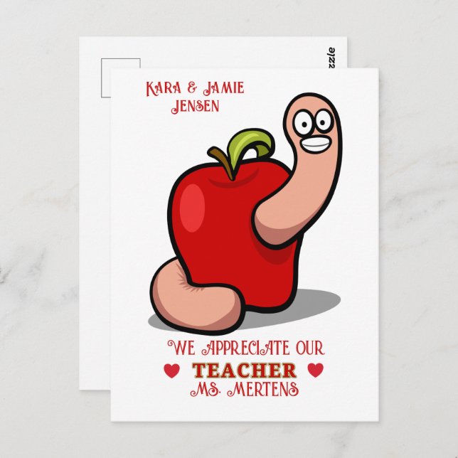 Teacher Appreciation Worm in Apple Add Name Postcard (Front/Back)