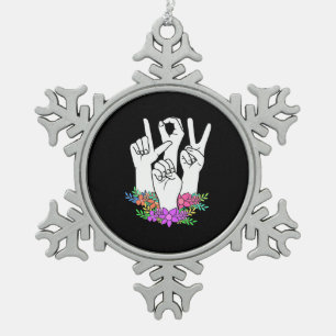 Teacher ASL Hand Sign Snowflake Pewter Christmas Ornament