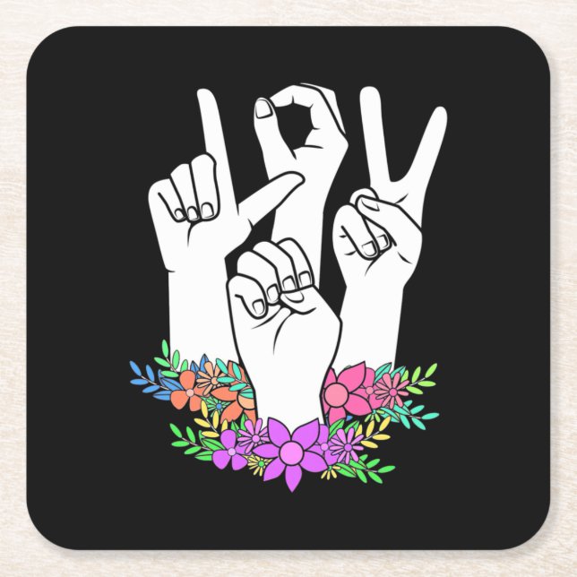 Teacher ASL Hand Sign Square Paper Coaster (Front)