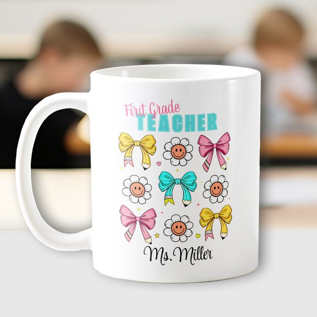 Teacher Back To School Cute Bow Pencil Name Coffee Mug (Teacher Back To School Cute Bow Pencil Name Coffee Mug)