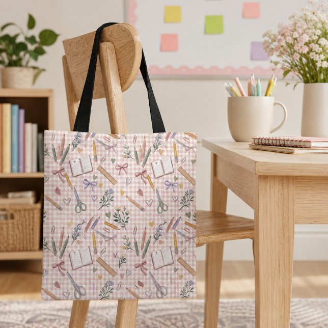 Teacher Back to School Pattern Watercolor Gingham Tote Bag (Creator Uploaded)