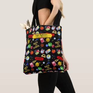 Teacher Back to School Theme Pattern Name Tote Bag
