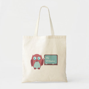 Teacher Bag - Blue Chevron & Red Owl At Chalkboard