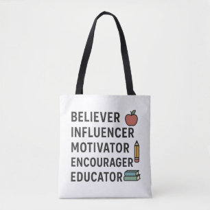 TEACHER Believer Influencer Motivator Encourager Tote Bag